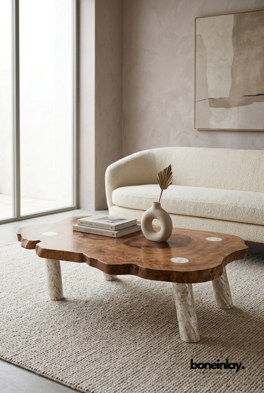 Live Edge Wooden Coffee Table with Mother of Pearl Legs for Modern Living Room Decor