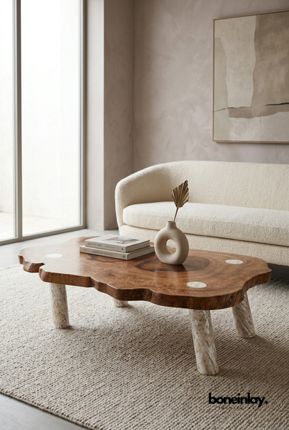 Live Edge Wooden Coffee Table with Mother of Pearl Legs for Modern Living Room Decor