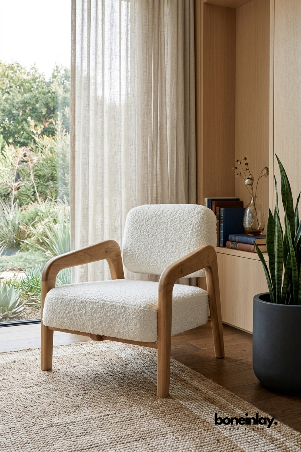 Modern boucle accent chair with solid wood frame, curved armrests, and plush upholstered seat for living room, reading nook, or bedroom.