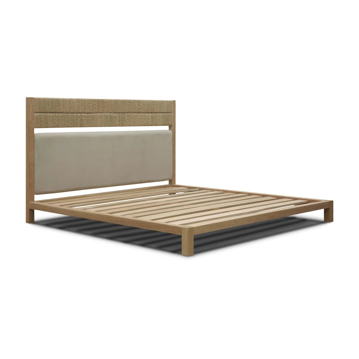 Bali modern light solid platform bed frame featuring a dual-panel headboard with natural beige upholstery and woven sea grass rope detailing.