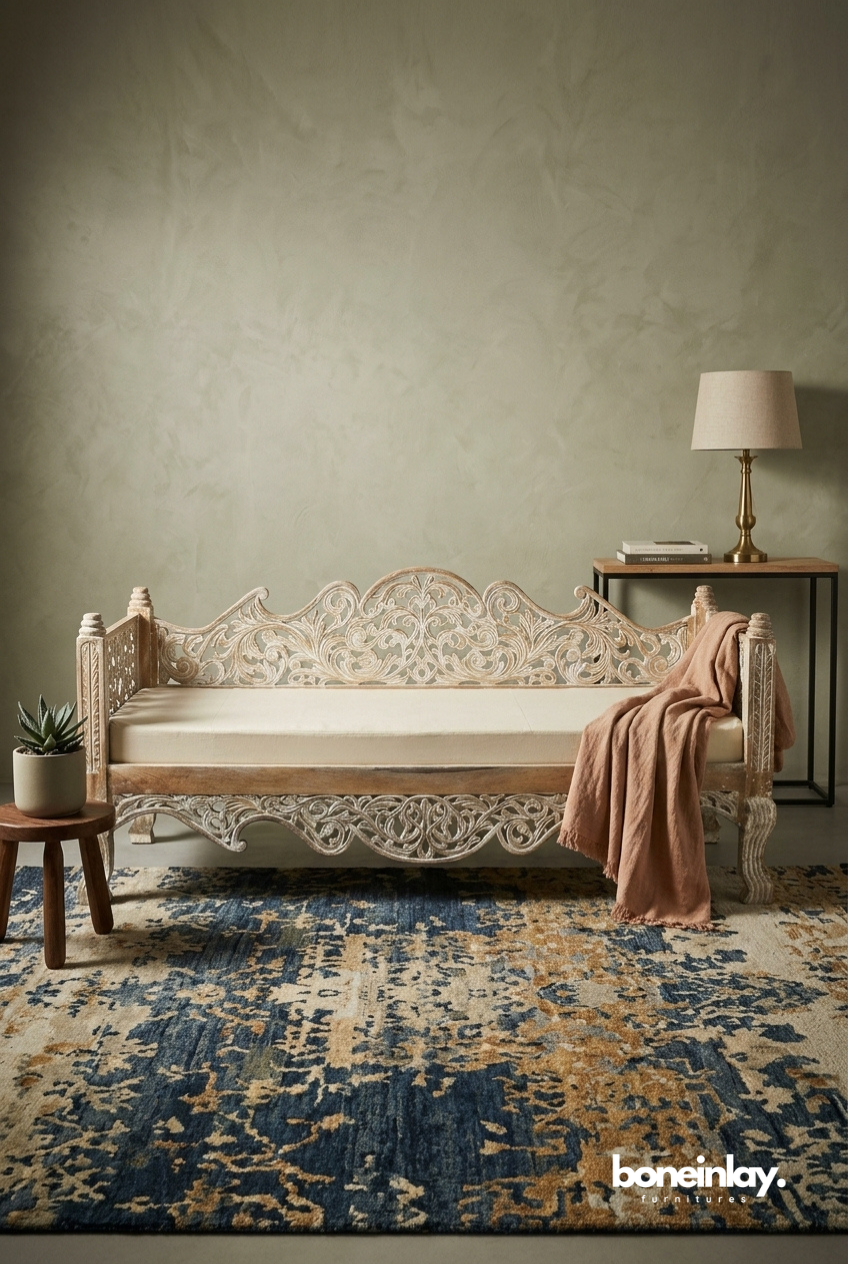 Vintage Hand Carved Wooden Daybed Sofa Bench