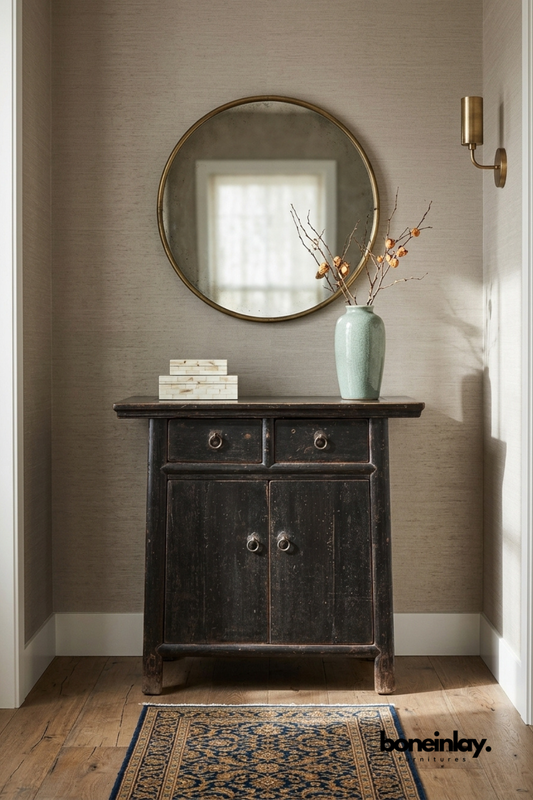 Vintage Black Wooden Accent Cabinet with Drawers and Doors, Rustic Storage Cabinet, Traditional Entryway Console Furniture