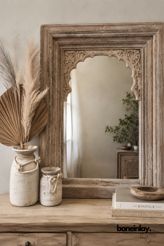 Natural wood mirror with an arched, scalloped carved frame top.
Hand-carved floral detailing decorates the upper corners.
Warm, weathered wood tone adds a vintage, artisanal character.
Styled on a wood dresser with ceramic vases and dried pampas grass.