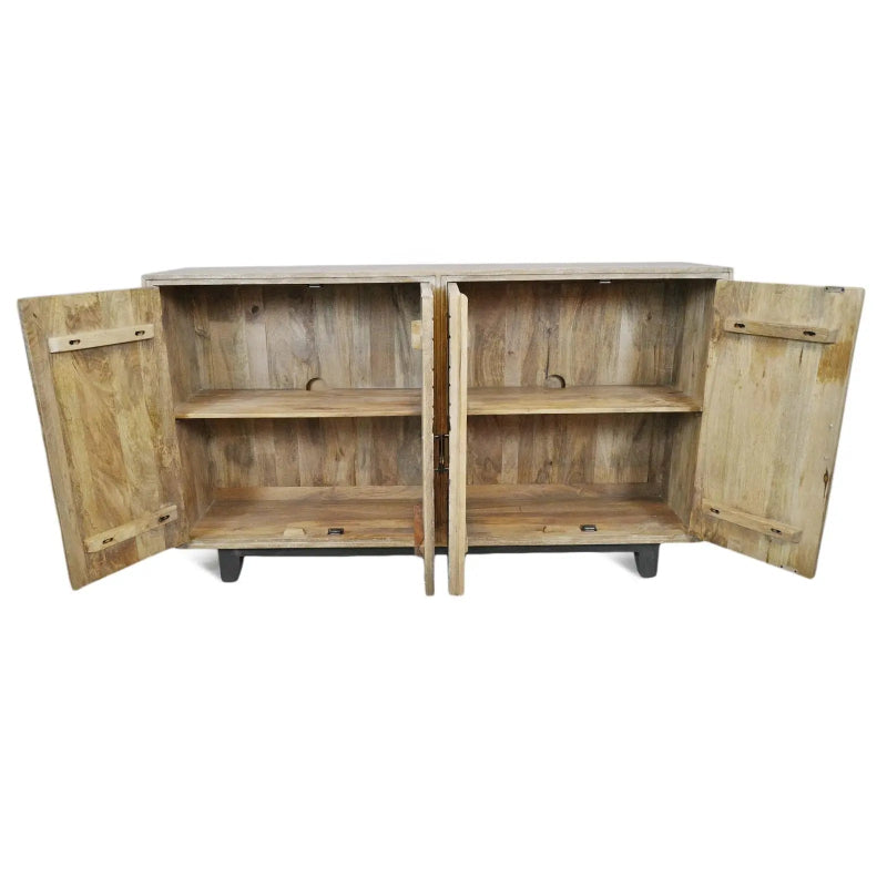 Washed wood buffet with open storage compartments and a pale finish, shown from the rear against a white background.