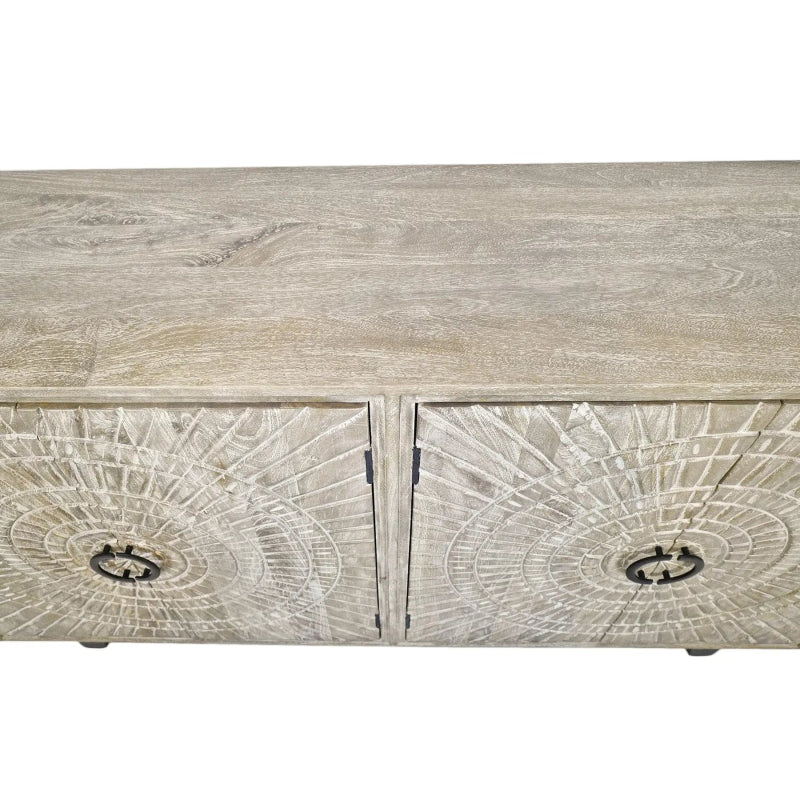 Washed wood server with carved door fronts and ring pulls, shown straight on against a white background.