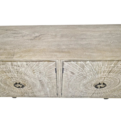 Washed wood server with carved door fronts and ring pulls, shown straight on against a white background.