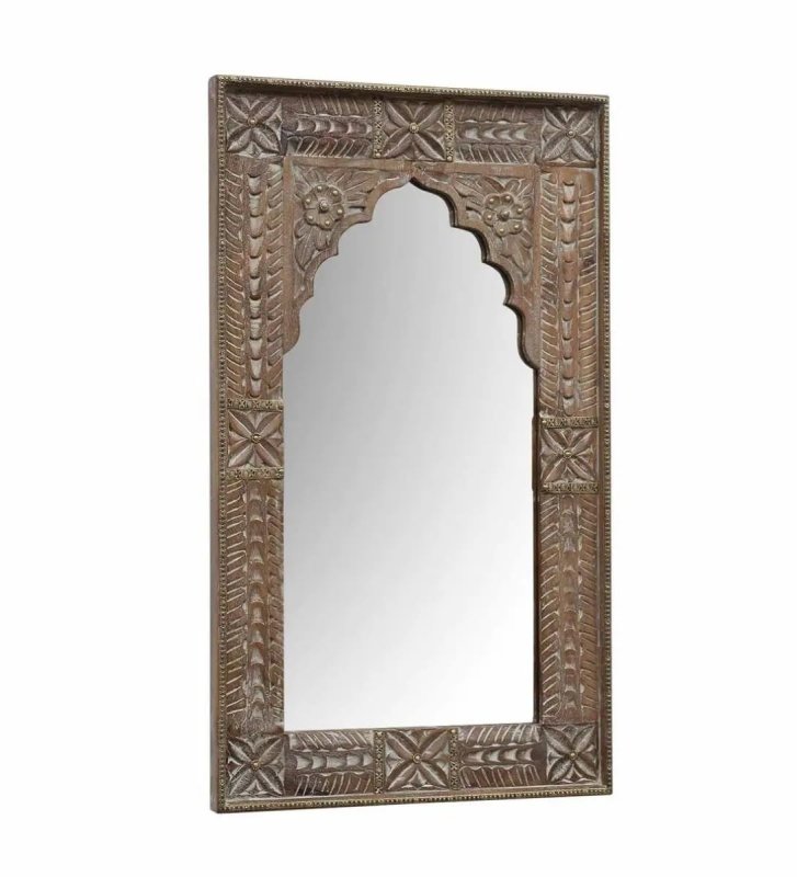 Weathered wood accent mirror with a scalloped opening, front view at a slight angle showing the carved frame depth.