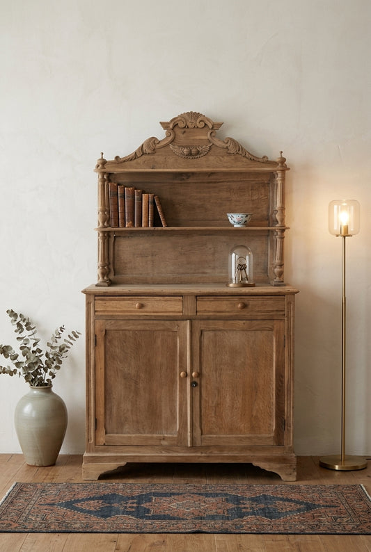 Weathered wood buffet hutch with open shelves and a carved crown in a warm natural tone, full front view