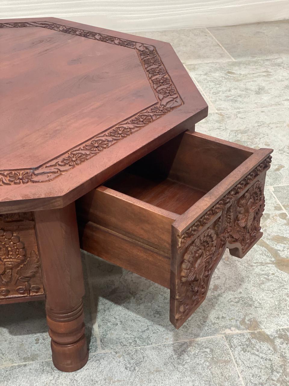 Handmade Stunning Carved Wooden Peacock Design Storage Drawer Coffee Table