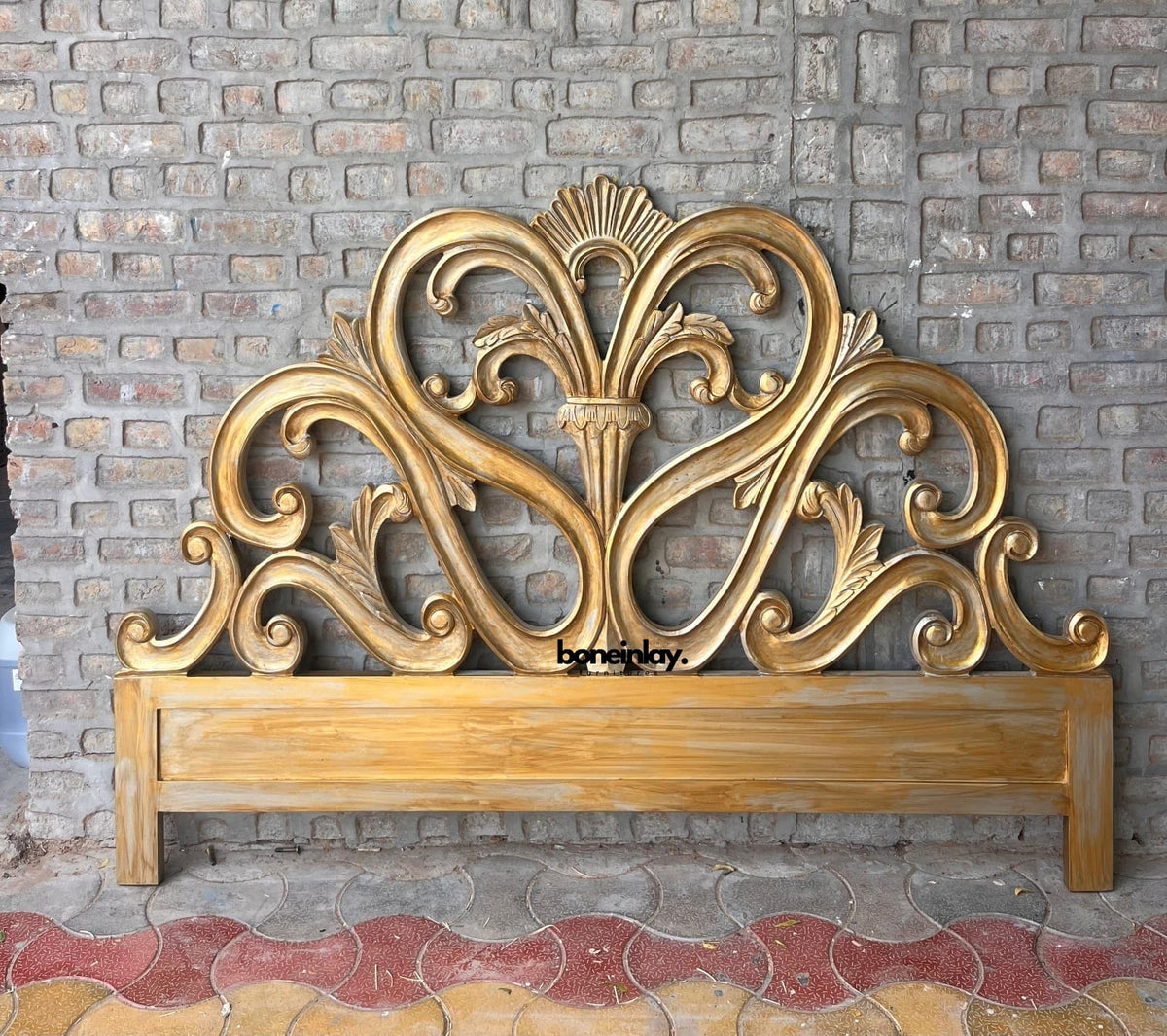 Hand-Carved Ornate Solid Wood Headboard with Scrolled Acanthus Relief