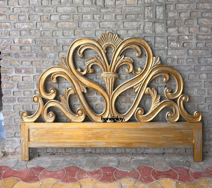 Hand-Carved Ornate Solid Wood Headboard with Scrolled Acanthus Relief