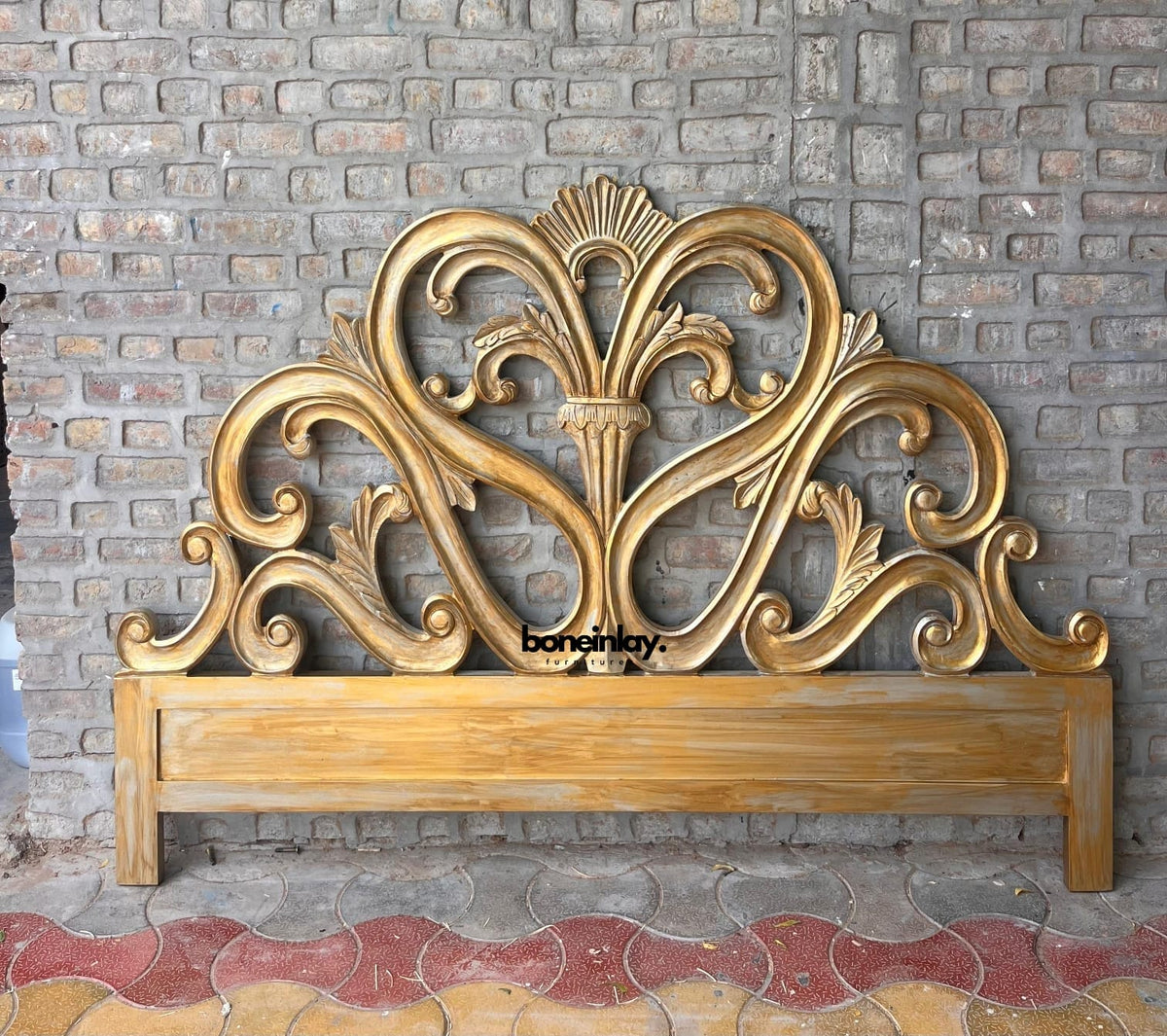 Hand-Carved Ornate Solid Wood Headboard with Scrolled Acanthus Relief
