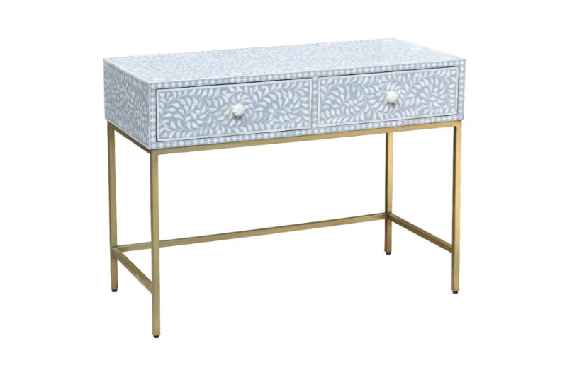 White bone inlay floral 2-drawer entryway console table with gold-tone metal base, handmade artisanal furniture for living room or hallway