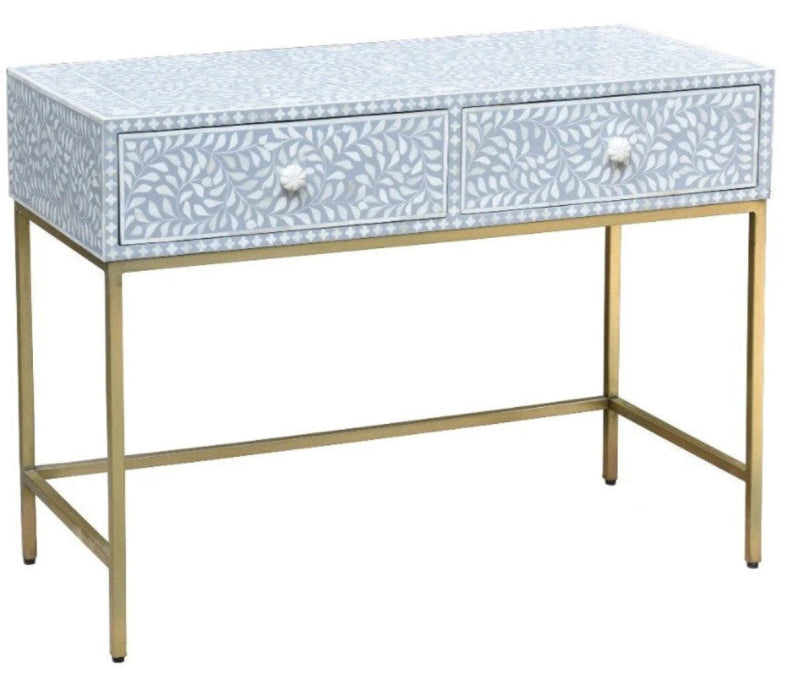 White bone inlay floral 2-drawer entryway console table with gold-tone metal base, handmade artisanal furniture for living room or hallway