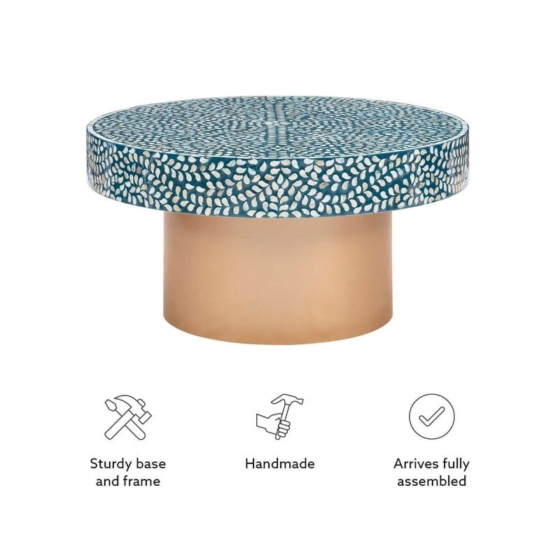 White and blue Mother of Pearl inlay round coffee table with brushed brass base, luxury handcrafted Indian artisan furniture piece for elegant living room styling