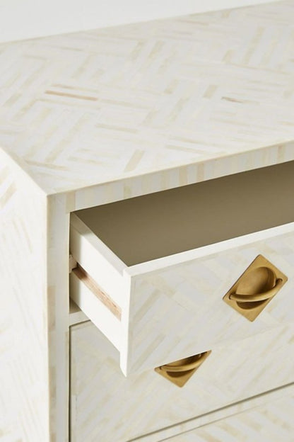White Drawer Bureau with bone inlay and brass pulls, shown with an upper drawer open and the interior visible.