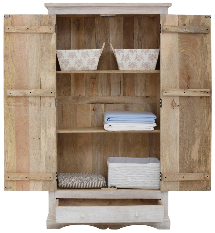 White Farmhouse Storage Cabinet with both doors and the lower drawer open, revealing three wood shelves and storage.
