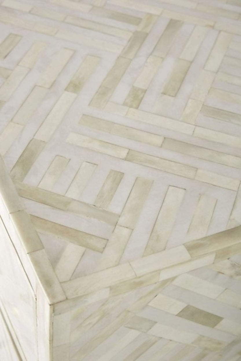 White Inlay Dresser with white bone pattern, shown in a close-up of the top corner, side panel, and geometric inlay.