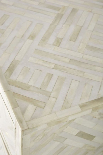 White Inlay Dresser with white bone pattern, shown in a close-up of the top corner, side panel, and geometric inlay.
