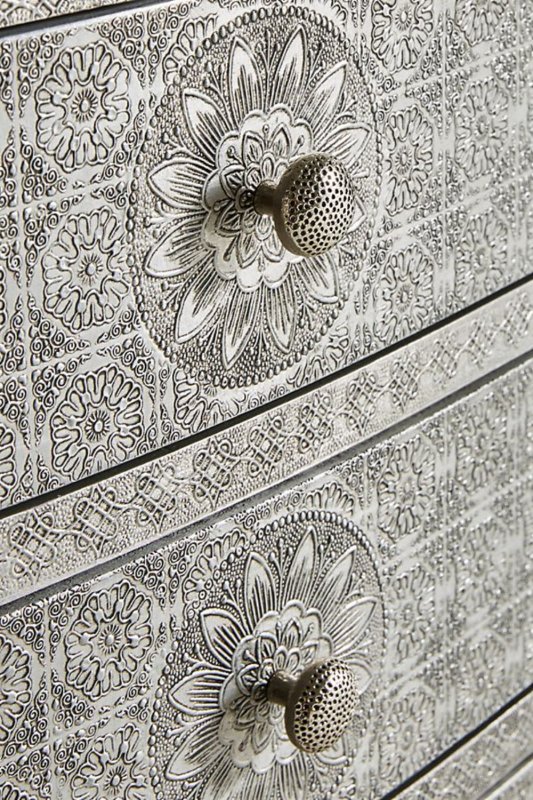 White Metal Embossed Nightstand with Three Drawers 