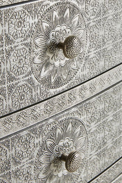 White Metal Embossed Nightstand with Three Drawers 
