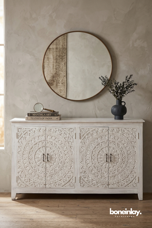 Hand carved white mandala sideboard cabinet with circular floral relief pattern and double doors