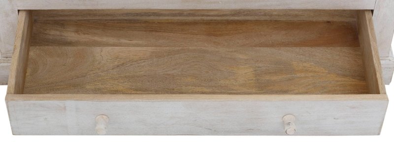 White Solid Wood Cabinet close-up showing the lower drawer interior, painted front, and two round wooden pulls.