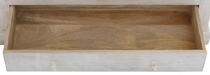 White Solid Wood Cabinet close-up showing the lower drawer interior, painted front, and two round wooden pulls.