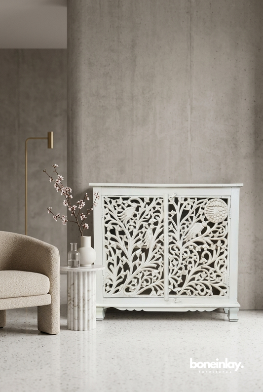 Hand Carved White Wooden Accent Cabinet with Floral Bird Design Doors