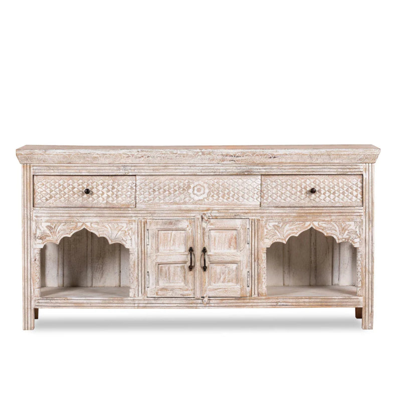 Whitewashed Arch Cabinet in carved solid wood, shown from the front with two open alcoves and central doors.