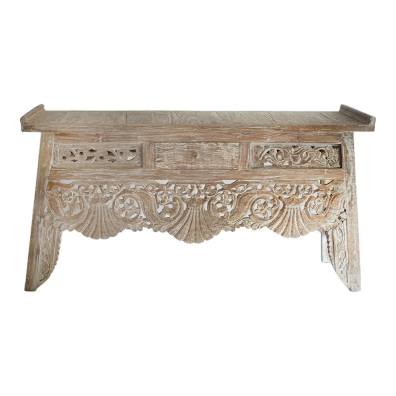 Whitewashed scalloped-apron hallway table, front view showing carved drawer fronts.