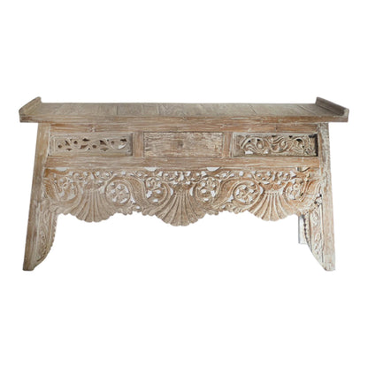 Whitewashed scalloped-apron hallway table, front view showing carved drawer fronts.
