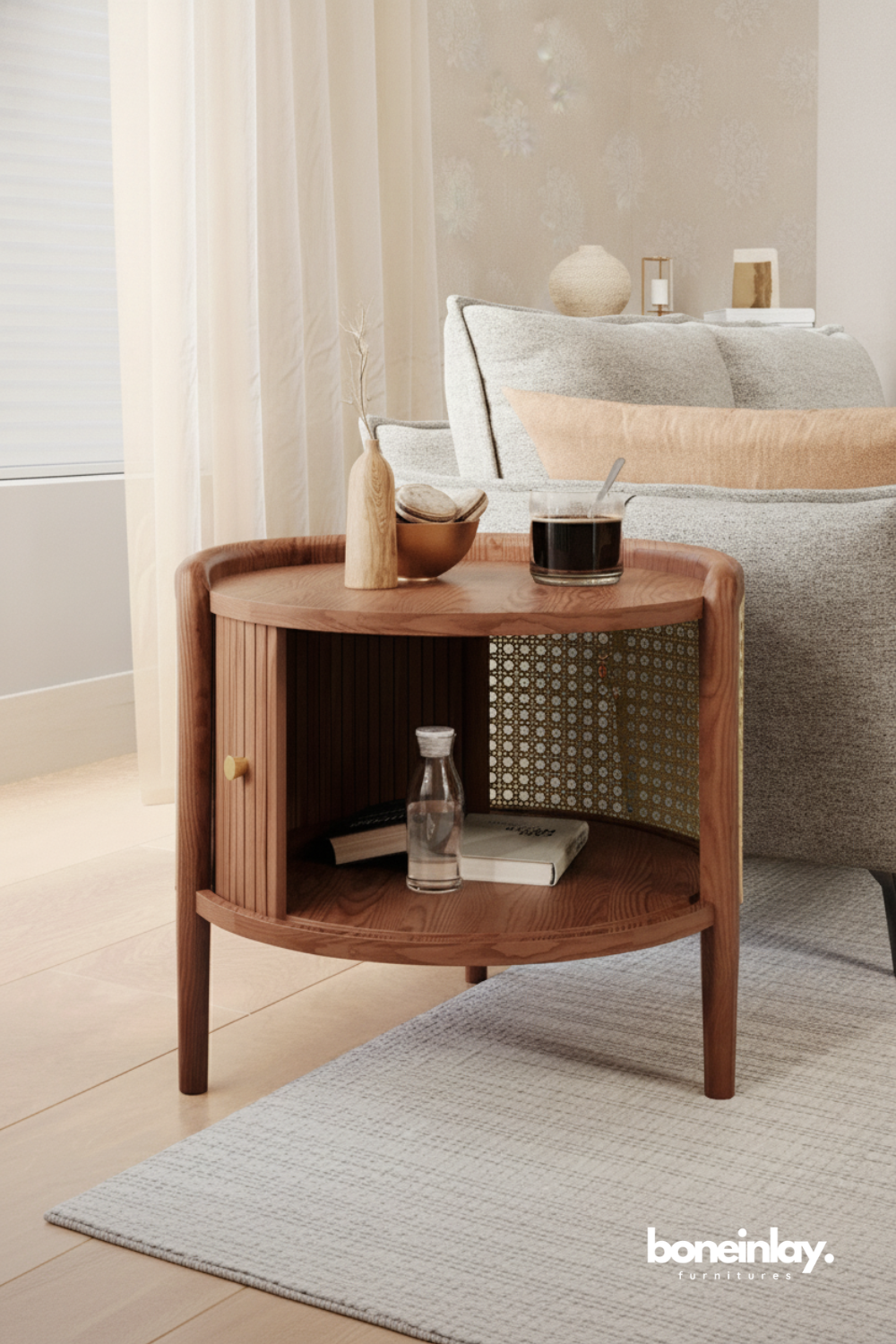 Mid Century Curved Wooden Side Table with Cane Sliding Door