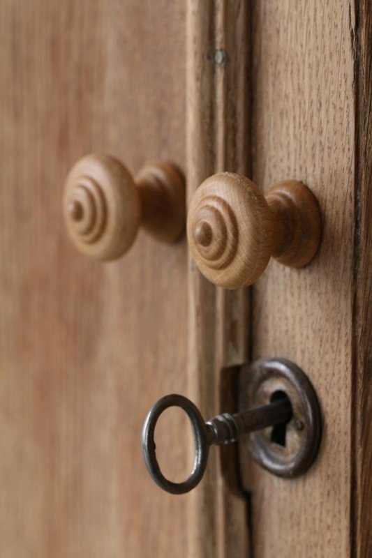 Wood cabinet with paired round knobs and hanging ring pulls, close-up of the doors and hardware.