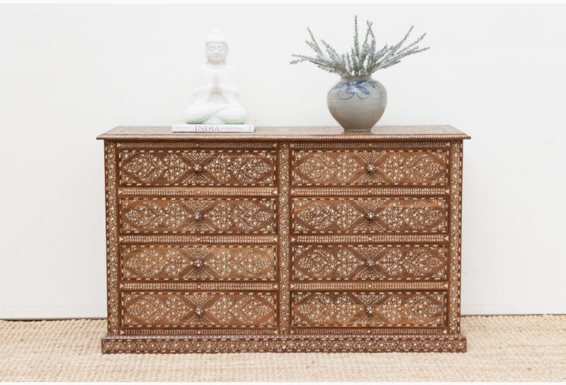 Handcrafted solid wood 8-drawer bone inlay dresser featuring intricate white floral vine inlay patterns, geometric borders, and carved knobs.