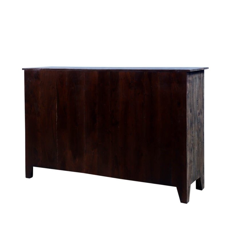 Back view of the dark wood seven-drawer bureau, showing its plain rear panel rather than the carved drawer fronts.