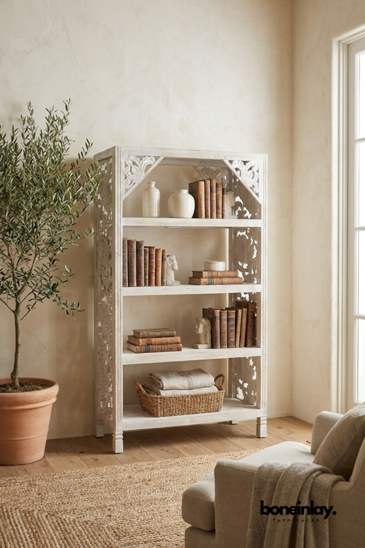 Whitewashed carved wood bookshelf with four open display shelves.
Corner brackets feature detailed carved floral fretwork detailing.
Distressed white finish reveals natural wood grain beneath.
Styled with stacked antique books and a woven storage basket.