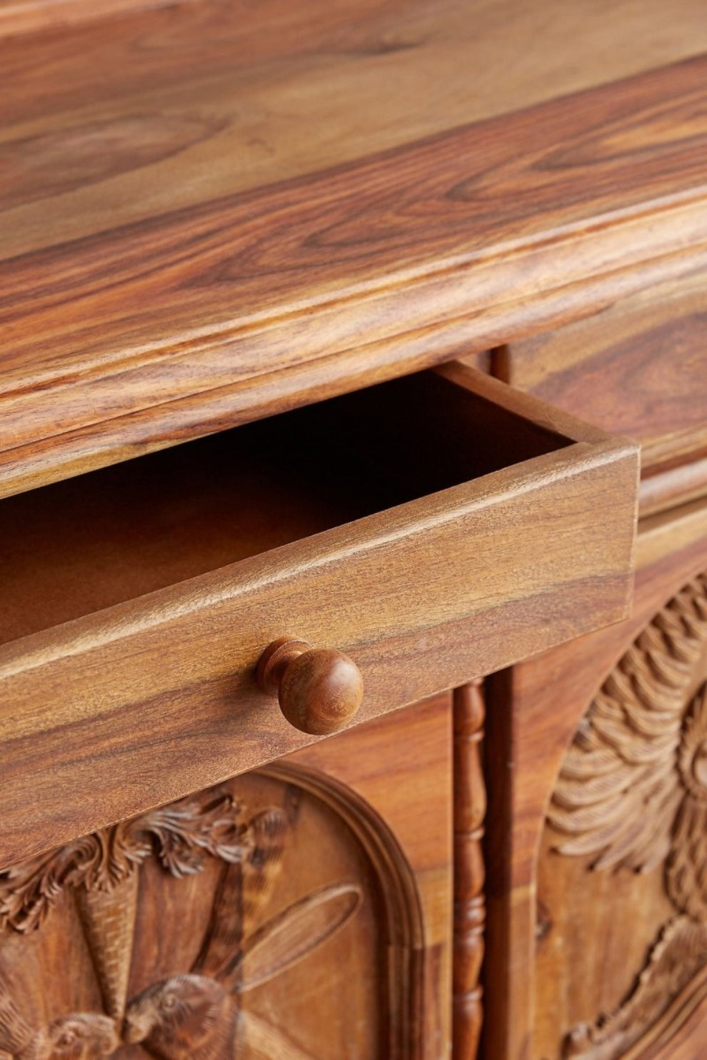 Wooden Knob Storage Buffet in natural wood, open drawer view showing the drawer interior, rounded knob, and tabletop grain.