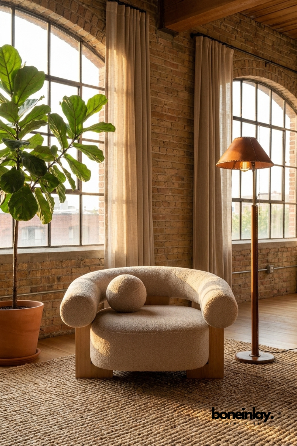 Modern boucle barrel accent chair with sculptural curved arms, cream textured upholstery and solid wood base for contemporary living room interiors.
