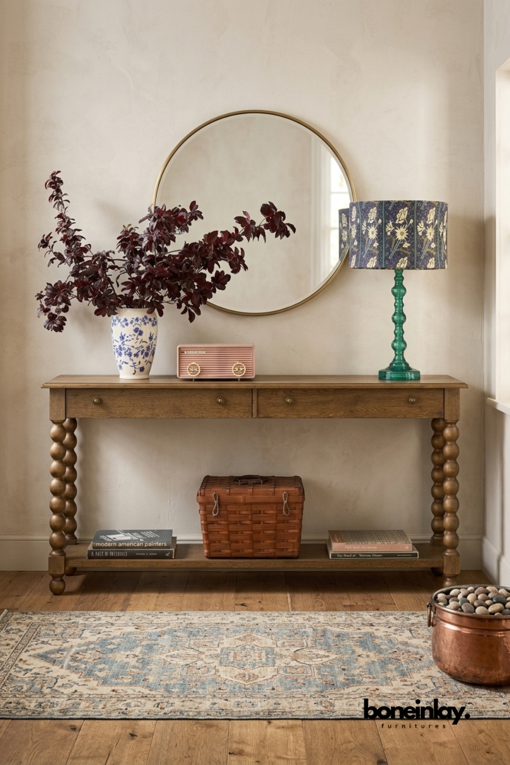 Rustic solid wood console table with two drawers, turned bobbin legs, and lower storage shelf for entryway, hallway, foyer, or living room.