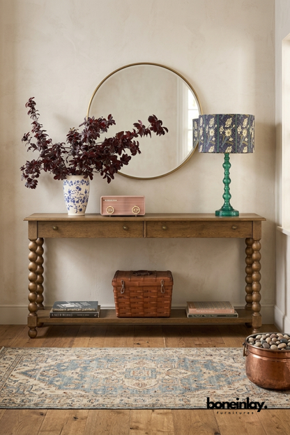 Rustic solid wood console table with two drawers, turned bobbin legs, and lower storage shelf for entryway, hallway, foyer, or living room.