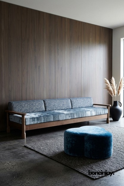 Modern Wooden Sofa with Grey Upholstery, Scandinavian Living Room Couch, Contemporary Solid Wood Seating Furniture