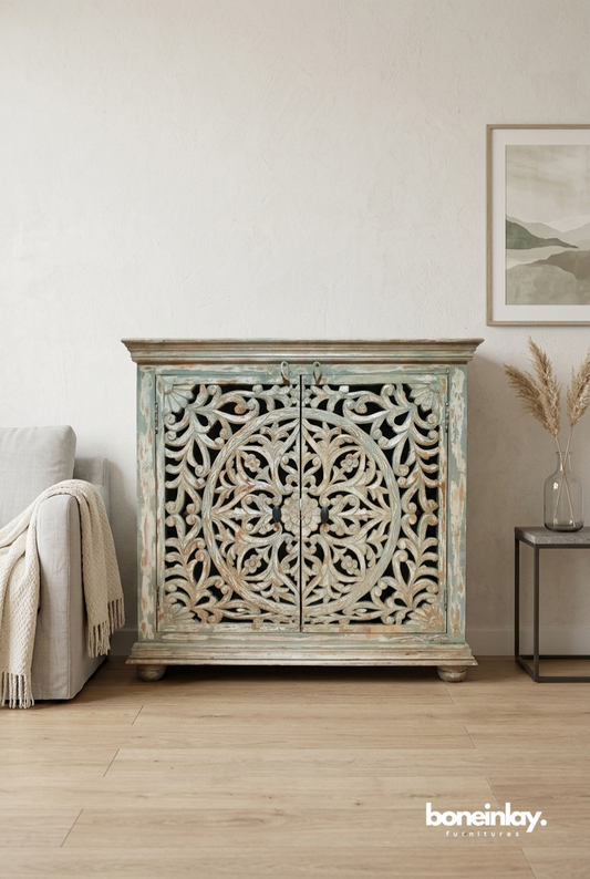 Hand Carved Distressed Wood Cabinet with Floral Mandala Design in Rustic Boho Living Room Interior