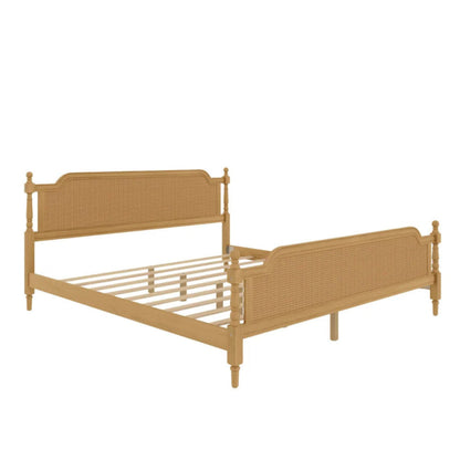 Woven footboard rattan bedstead in side profile view, showing the near footboard, long rail and exposed slat base.