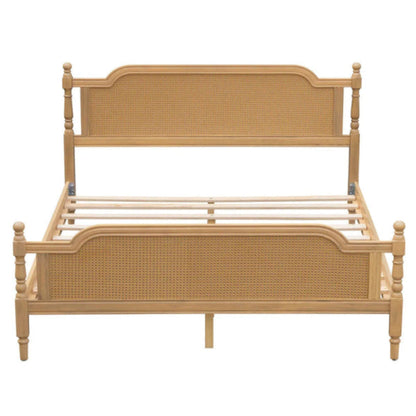 Woven rattan bed frame in front view, showing tall headboard, lower footboard, curved upper rails and slender posts.