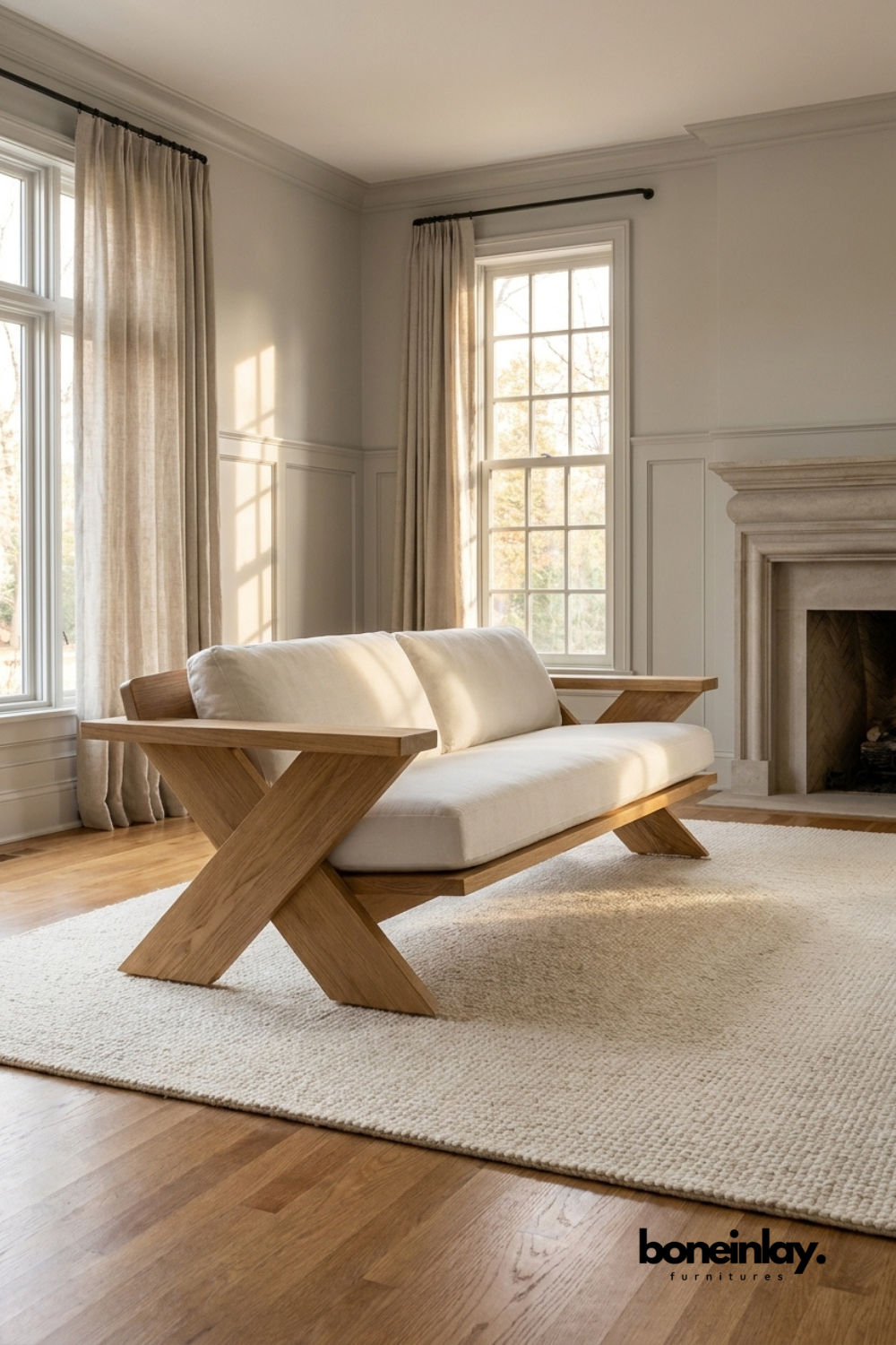 Contemporary solid wood sofa with white upholstered cushions, minimalist living room couch featuring distinctive X-frame wooden armrests.