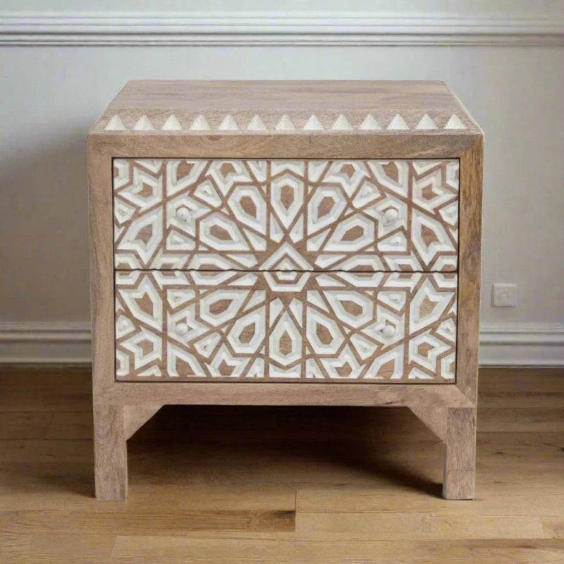 Alabran Hand - Carved Natural Solid Wood Boho Three Piece Bedroom Set Bedroom Set - Bone Inlay Furnitures