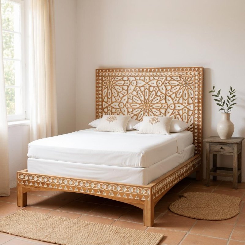 Alabran Hand - Carved Natural Solid Wood Boho Three Piece Bedroom Set Bedroom Set - Bone Inlay Furnitures