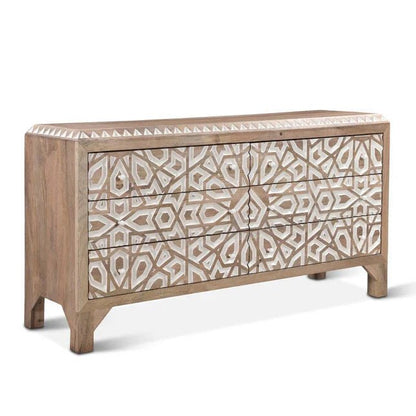 The Albaron solid wood 6-drawer dresser featuring a hand-carved geometric lattice and star pattern with a natural wood and white finish.