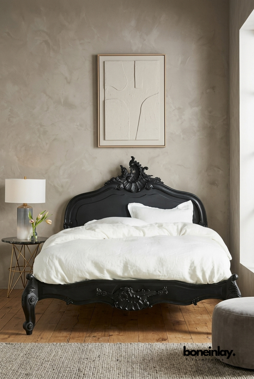 Menara Black French Style Hand Carved Solid Wood Bed in Elegant Modern Bedroom Interior
